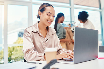 Image showing Business woman, fashion designer and computer planning, online shop management and website or blog in office startup. Creative worker on laptop with clothes marketing, e commerce or project research