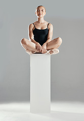 Image showing Ballet, dancer and portrait of woman in studio sitting on podium with calm, posture and serious face on grey background. Dance, class or ballerina in leotard, costume and girl in pointe shoes