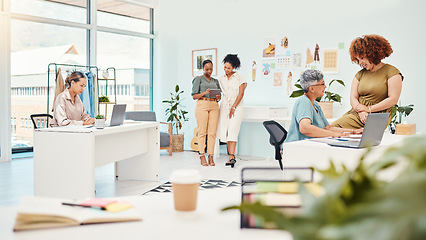 Image showing Small business, designer team and women working together for collaboration in fashion industry. Group of people in a modern office for creativity, mission and productivity at a startup company