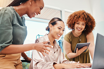 Image showing Employees, teamwork and planning on tech in office with creative, ideas for digital marketing strategy on computer or tablet. Online, advertising and women in Colombia working together in startup