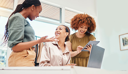 Image showing Team, talking and employees working on tech in office with creative, ideas for planning a digital marketing strategy on pc or tablet. Online, advertising and women in discussion in Colombia startup