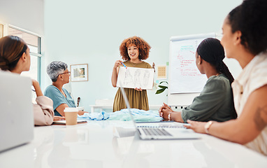 Image showing Creative woman, fashion and drawing in meeting, presentation or planning for ideas at office. Female person or manager with sketch in team discussion, retail startup or clothing project at workplace