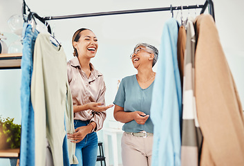 Image showing Smile, customer and employee with fashion, sales and funny with clothes, service and conversation. Women, people and client with shop assistant, retail and product with luxury, shopping and discount