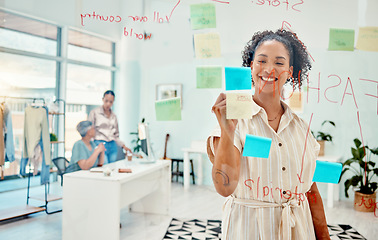 Image showing Creative woman, fashion designer and writing strategy in schedule planning or idea on glass board at the office. Female person in retail startup, project plan or brainstorming tasks at the workplace