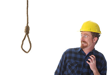 Image showing confused construction worker looking at gallows