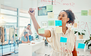 Image showing Creative woman, fashion designer and writing on glass board in schedule planning, strategy or idea at the office. Female person in retail startup, project plan or brainstorming tasks at the workplace