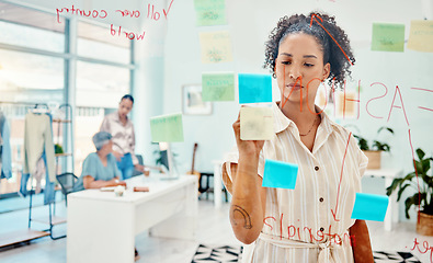 Image showing Creative woman, fashion designer and writing in schedule planning, strategy or idea on glass board at the office. Female person in retail startup, project plan or brainstorming tasks at the workplace