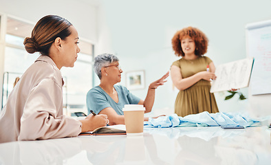 Image showing Creative woman, fashion and drawing in planning, presentation or meeting for ideas at office. Female person or manager with sketch in team discussion, retail startup or clothing project at workplace