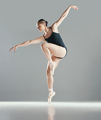 Image showing Dance, ballet or woman in studio on mockup space for wellness, balance or creative performance. Artist, dancer or girl ballerina training body to exercise or practice routine on white background