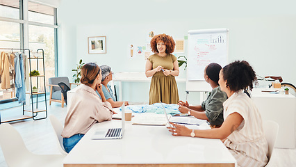 Image showing Creative woman, fashion design and coaching in meeting, presentation or planning at the office. Female person, mentor or manager in team discussion, retail startup or clothing project at workplace