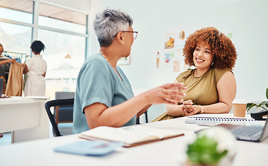 Image showing Business women, fashion designer and meeting, planning or teamwork with manager or clients in office workspace. Professional people and artist collaboration, design proposal and internship interview