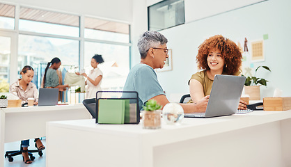 Image showing Business women, fashion designer and planning, teamwork or brainstorming in office workspace for startup. Professional people with collaboration, design inspiration and laptop for clothes management