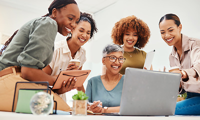 Image showing Business women, meeting and laptop for planning, design teamwork and brainstorming in notebook of website ideas. Group of people in collaboration and writing goals, branding and marketing on computer