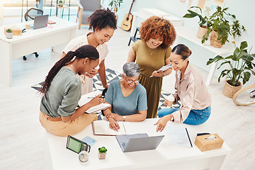 Image showing Business women, meeting and computer planning, design teamwork or brainstorming for office website ideas. Group of women in collaboration and notebook or writing goals for branding with laptop above