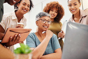 Image showing Business women, team thinking and laptop for planning, design teamwork or brainstorming in meeting with website ideas. Group of people in collaboration, decision and branding or marketing on computer