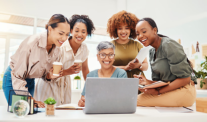 Image showing Business people, meeting and laptop for teamwork, planning or brainstorming in office with website launch. Professional women in collaboration, computer design and happy project with marketing group