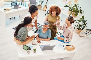 Image showing Business people, meeting and computer planning, design teamwork or brainstorming in office website ideas. Professional women in collaboration, notebook or writing goals for group branding on laptop