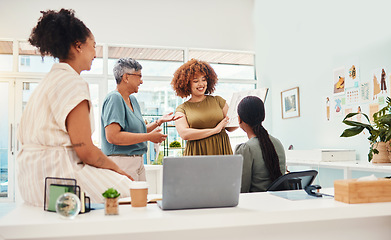 Image showing Small business, fashion designer and women team in office for collaboration and brainstorming. Group of people in a modern workplace for creativity, ideas and productivity at a startup company