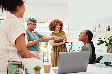 Image showing Business women, fashion design and team in discussion with collaboration for ideas. Group of people in a modern office for creativity, brainstorming and planning in meeting at a startup company