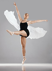 Image showing Ballet, woman and dancer with portrait, training and practice routine on white studio background. Female performer, ballerina or artist with technique, prepare for a show and creativity or style