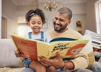 Image showing Father, daughter and book on sofa with smile, bonding and love in storytelling in living room together. Happiness, man and child reading story on couch for fantasy, learning and education in home fun