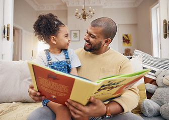 Image showing Man, child and book on sofa with smile, bonding and love in storytelling in living room together. Happiness, father and daughter reading story on couch for fantasy, learning and education in home fun