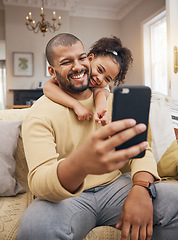 Image showing Home, father and girl with a smile, selfie and social media with connection, family and loving together. People, parent and female child on a couch, profile picture and memory with happiness and love