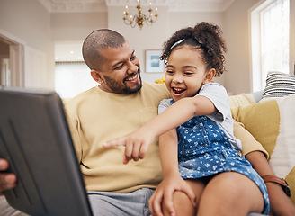 Image showing Cartoon, pointing and a child with a father and tablet for a movie and streaming games. Excited, family and a dad with a girl kid and gesture to technology for a show or social media in a house