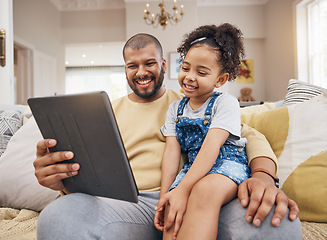 Image showing Happy, movie and a child with a father and tablet for a cartoon, film and streaming games. Smile, family and a dad with a girl kid and gesture to technology for a show or social media in a house