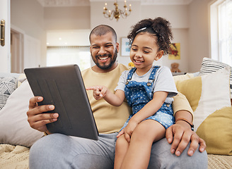 Image showing Happy, pointing and a child with a father and tablet for a cartoon, movie and streaming games. Smile, family and a dad with a girl kid and gesture to technology for a show or social media in a house