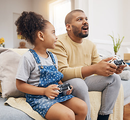 Image showing Father, daughter and gaming controller on sofa with challenge, press and competition for bonding in house. Man, girl child and playful with esports, contest and strategy with thinking in family home