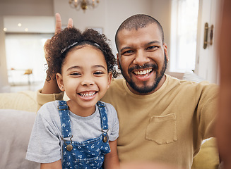 Image showing Father, girl and selfie portrait in peace sign in home living room, bonding and laughing together. Dad, child and face smile in v hand on profile picture, happy memory or social media of funny family