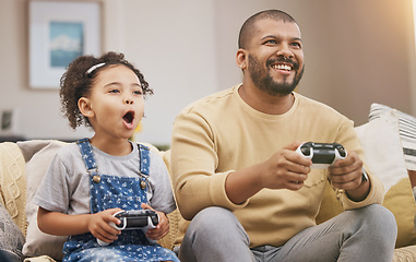 Image showing Father, girl and gaming controller on sofa with challenge, shout and wow in competition, bonding and house. Man, daughter and excited with esports, contest and strategy with thinking in family home