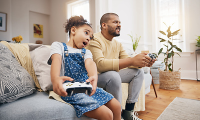 Image showing Dad, girl and video game controller on sofa with challenge, shout and wow in competition, bonding and house. Man, daughter and excited with esports, contest and funny with strategy in family home