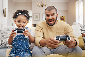 Image showing Happy, portrait and a father and child gaming on the sofa for care, bonding or competition. Smile, family and a girl kid playing games with a dad on the home couch together for learning or winning