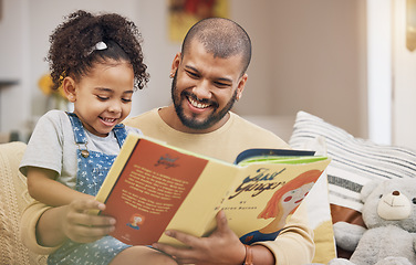 Image showing Dad, girl and book on sofa with bonding, smile and love in storytelling in living room together. Happiness, father and daughter reading story on couch for fantasy, learning and education in home fun.