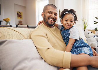 Image showing Smile, portrait and girl with her father on a sofa in the living room relaxing and bonding together. Happy, love and child sitting with her young dad from Mexico in lounge of their modern family home