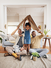 Image showing Gay, happy family and a child with cardboard home or roof with love, care and safety in a lounge. Lgbtq men, adoption and parents with a foster girl kid together for new house, mortgage and insurance