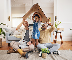 Image showing Happy, gay family and a child with cardboard roof or home with love, care and safety in a lounge. Lgbtq men, adoption and parents with a foster girl kid together for new house, mortgage and insurance