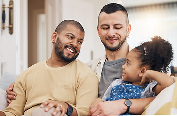 Image showing Child, gay family and happy on a sofa at home with love, care and safety in a lounge. Lgbtq men, interracial and adoption with foster girl kid together on a couch for happiness, bonding and to relax