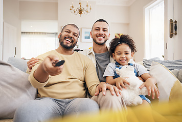 Image showing Watching tv, movies and gay family on home sofa with a child for streaming, entertainment or fun. Lgbt men or parents and girl kid relax with remote control for subscription, cable show and happiness