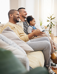 Image showing Gay family, watching tv and movies on home sofa with a child for streaming, entertainment or fun. Lgbt men or parents and girl kid relax with remote control for subscription, cable show and happiness
