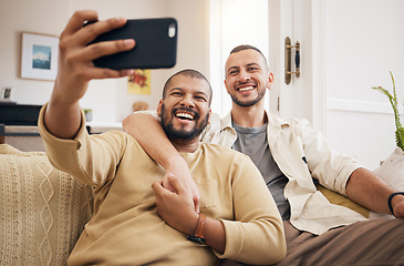 Image showing Men, lgbtq couple and funny selfie in home living room, bonding and laughing together. People, gay and profile picture, happy memory or smile on social media in love, care and interracial hug on sofa