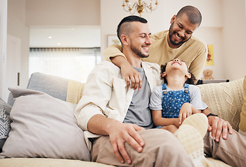 Image showing Gay family, child and happy on a home sofa with love, care and safety in a lounge. Lgbtq men, adoption and interracial parents with a girl kid together on a couch for happiness, bonding and relax