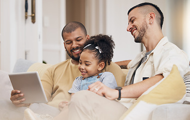 Image showing Gay family, child and tablet on home sofa for e learning, communication and education on internet. Adoption, lgbt men or parents with a happy kid and technology for streaming movies, games or show