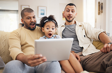 Image showing Gay family, tablet surprise and child on home sofa for learning, communication and education on internet. Adoption, lgbt men or parents with kid and technology for streaming movies, game or wow video
