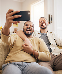 Image showing Men, lgbtq couple laughing and selfie in home living room, bonding and funny together. People, gay and profile picture, happy memory or smile on social media in love, care and interracial hug on sofa