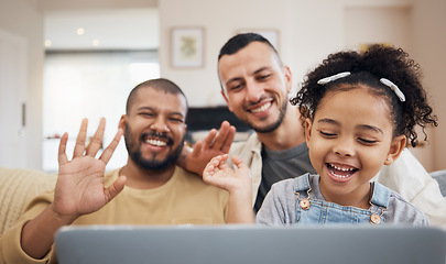 Image showing Gay family, waving and video call on laptop on home sofa with a child for communication and internet. Adoption, lgbt men or parents with a kid and technology for streaming, connection and happiness