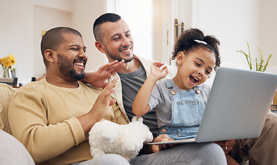 Image showing Gay family, laptop and waving for video call on home sofa with a child for communication and internet. Lgbt men or parents with a girl kid and technology for streaming, connection and happiness