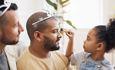 Image showing Blended family, gay parents and makeup with a daughter in the living room of her home for princess fantasy. LGBT, love or adoption and a girl together with her father on the sofa for bonding closeup